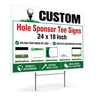 Custom golf tee sign 24x18 inch personalized hole sponsor yard sign with metal H-stake and multiple background design options