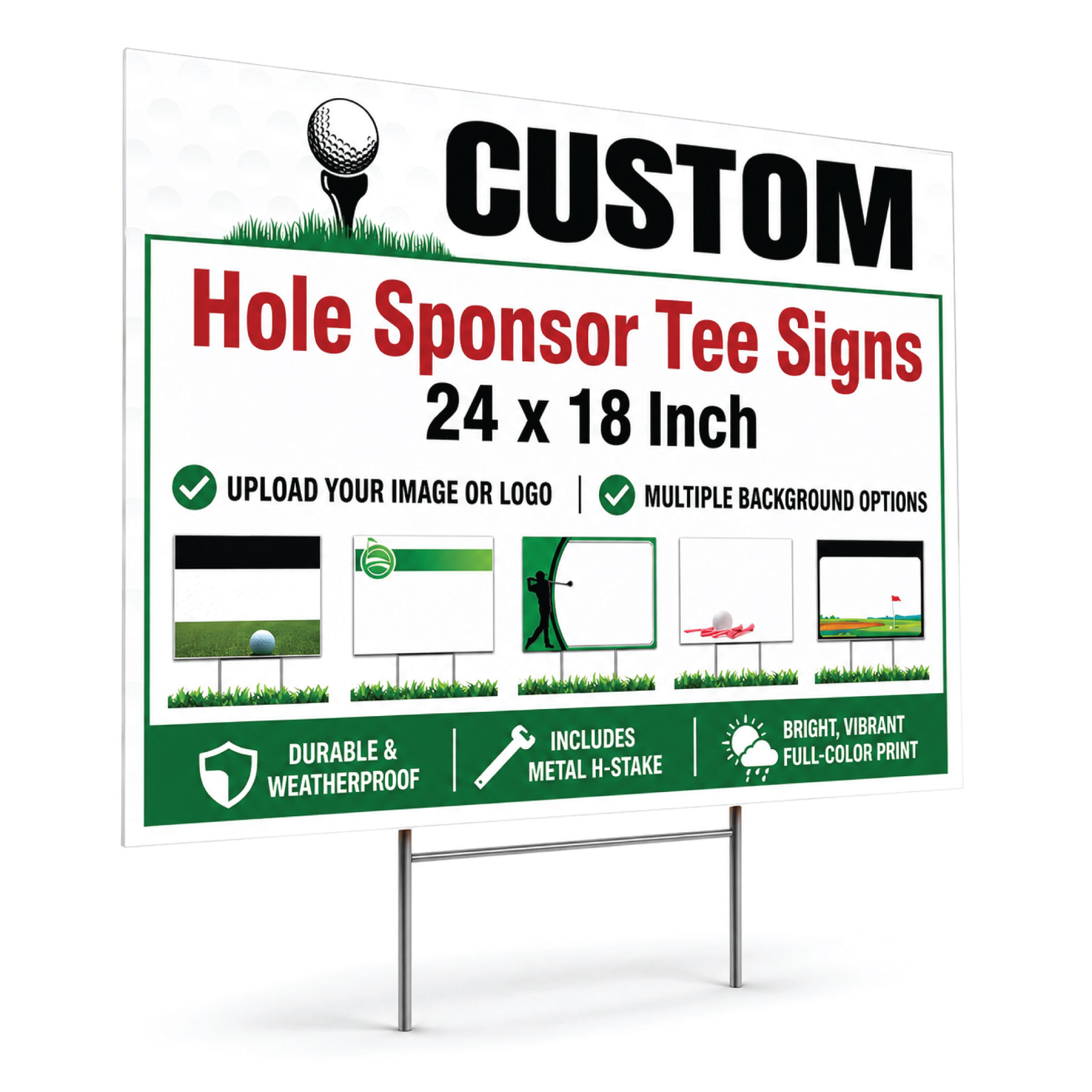 Custom golf tee sign 24x18 inch personalized hole sponsor yard sign with metal H-stake and multiple background design options