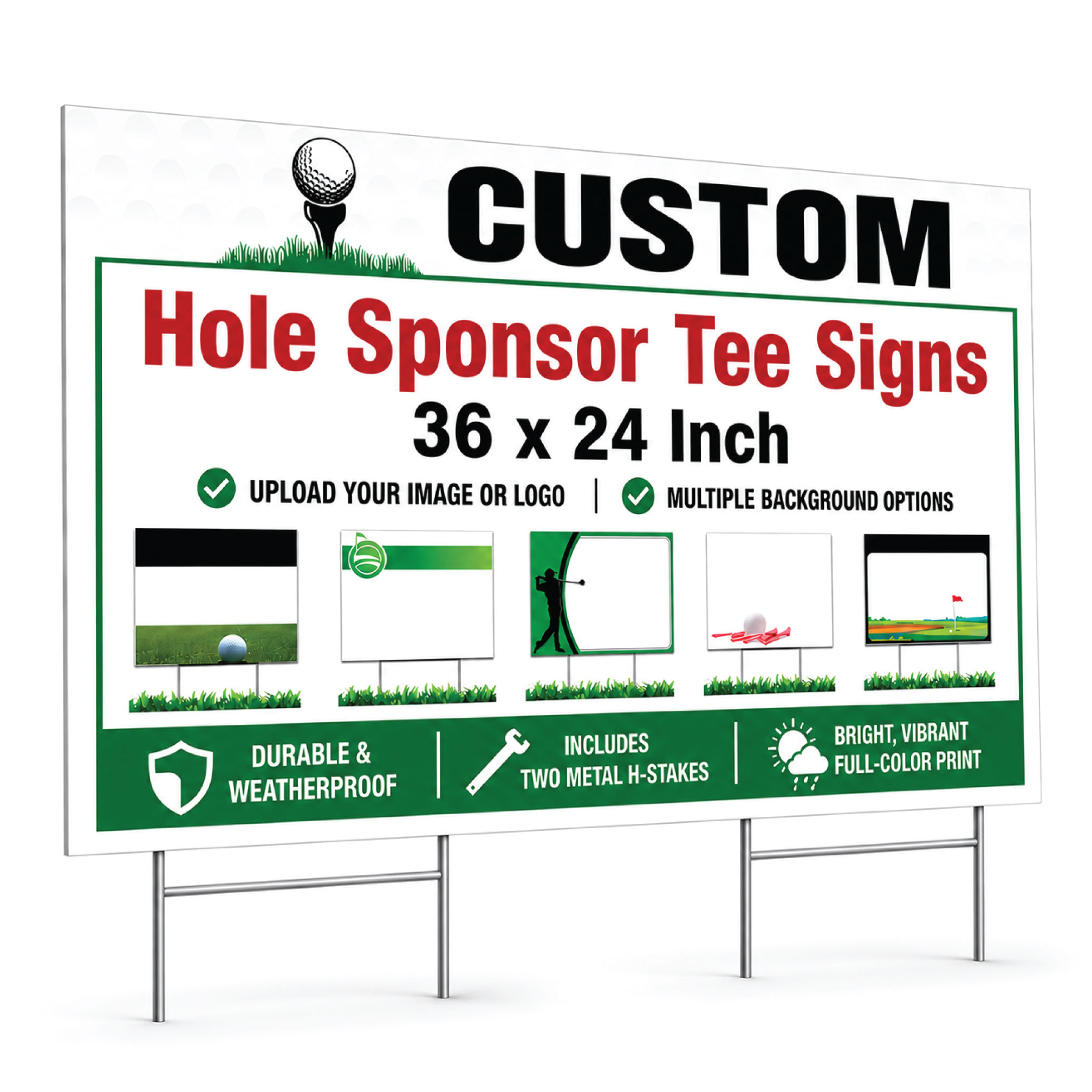 Large custom golf tee sign 36x24 inch personalized hole sponsor sign with two metal H-stakes and customizable background templates