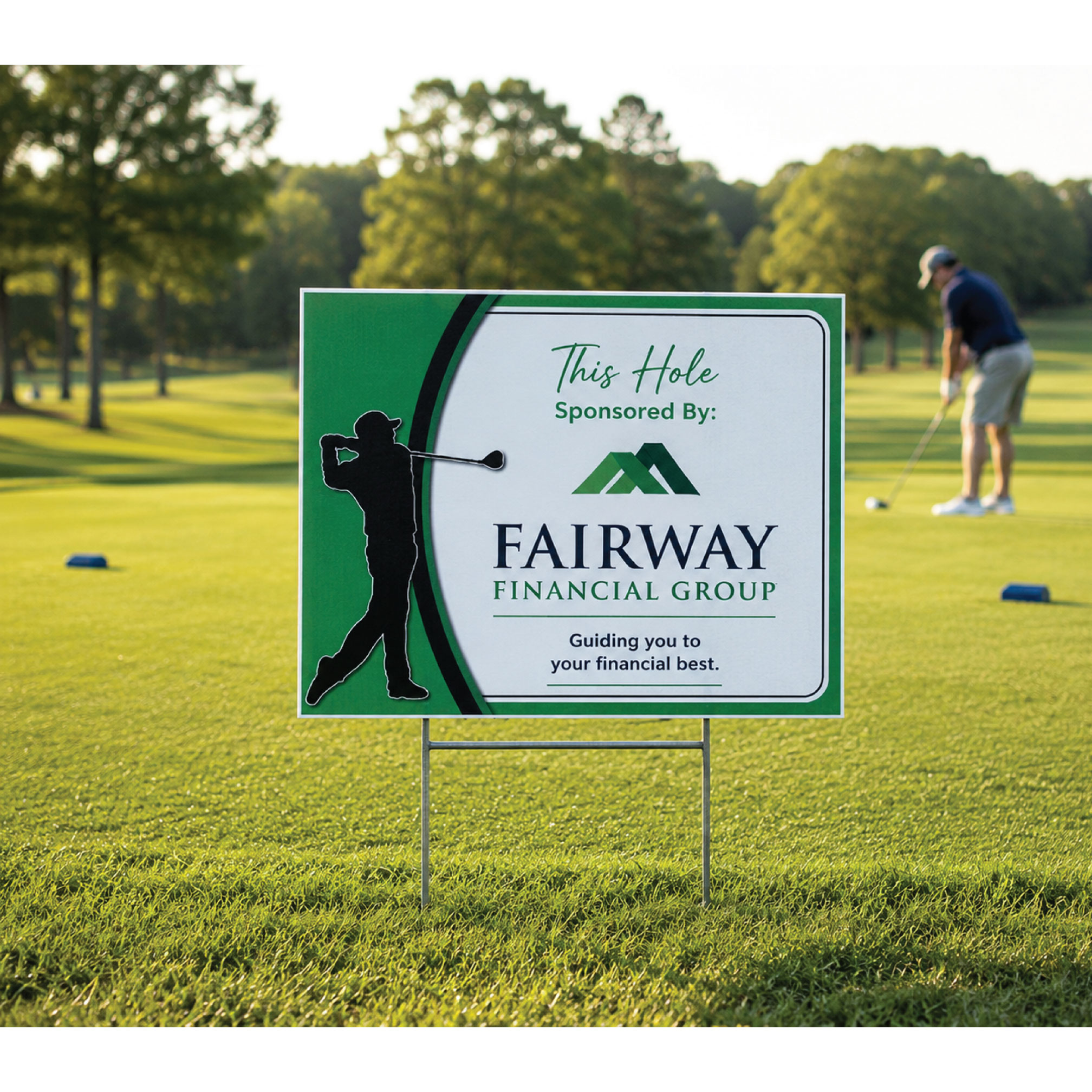 Custom golf hole sponsor sign displayed on a golf course tee box with sponsor logo, weatherproof yard sign, and golfer in background