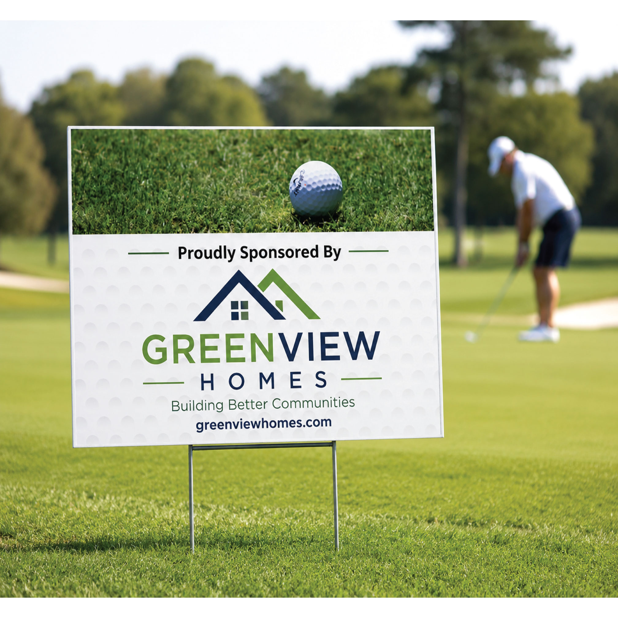 Custom golf tee sponsor sign on golf course fairway featuring business branding, golfer silhouette design, and metal H-stake