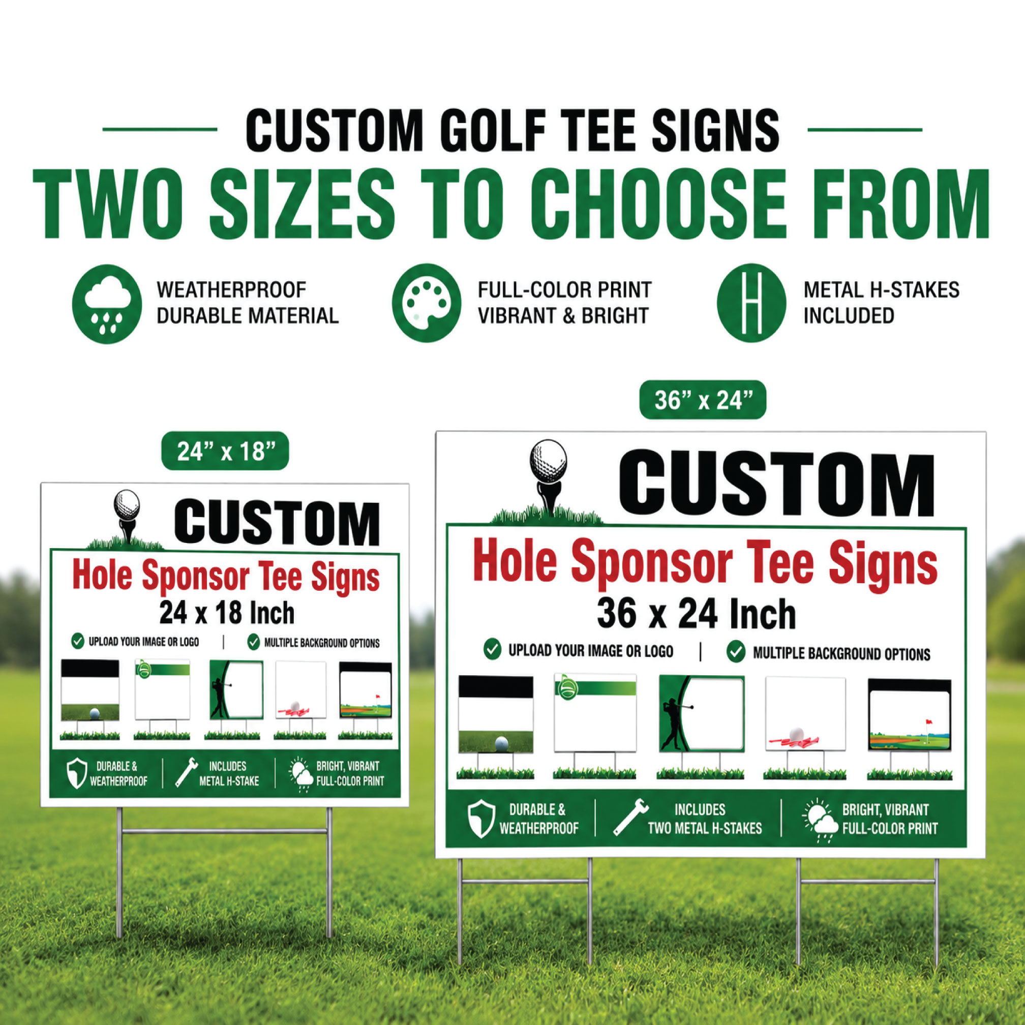 Custom golf tournament tee signs available in 24x18 and 36x24 inch sizes with durable weatherproof corrugated plastic and H-stakes