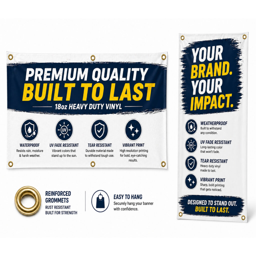 Custom banner sign with grommets displayed horizontal and vertical, waterproof vinyl banner for business events and outdoor use