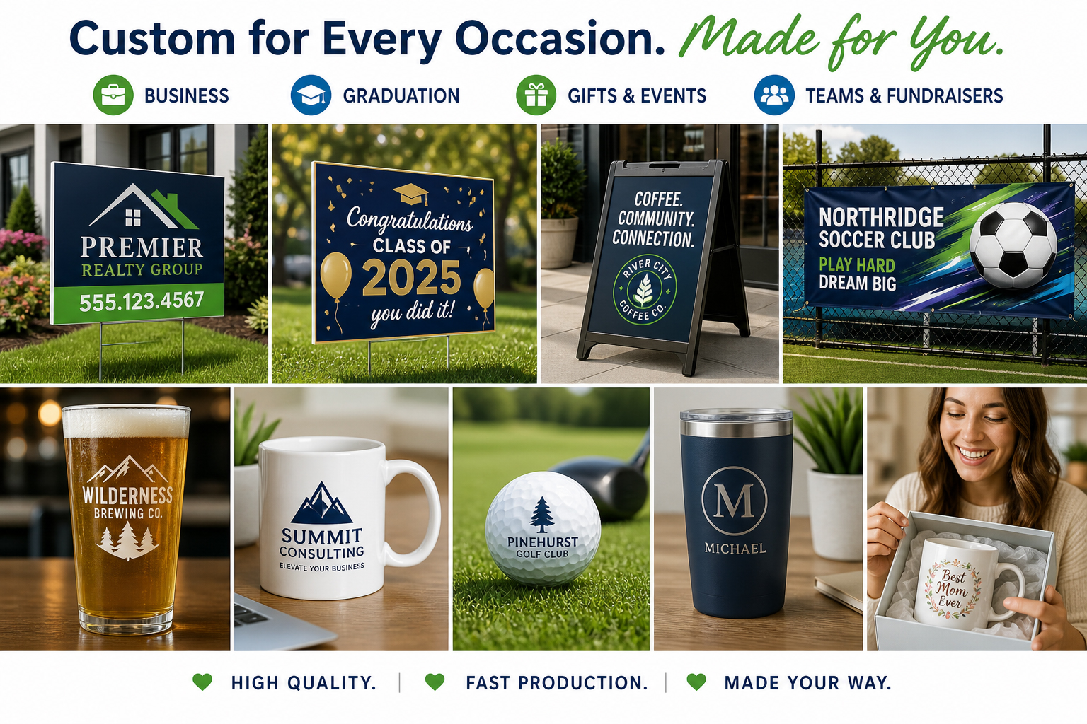 Custom signs and promotional products including yard signs, banners, mugs, golf balls, and gifts displayed for business, graduation, and events.