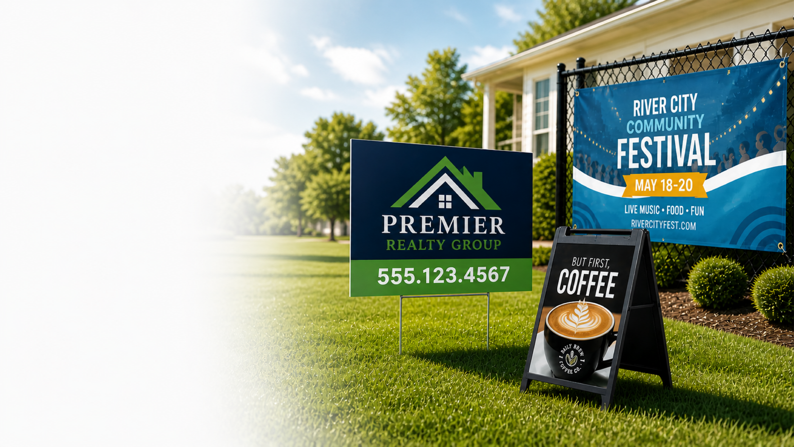 Custom yard signs and banners displayed outdoors including real estate sign, event banner, and A-frame sign for business advertising.