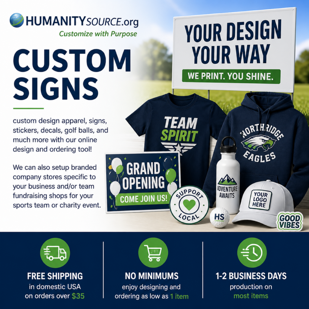 Custom signs and promotional products including apparel, stickers, decals, golf balls, and signage with online design and fast production.